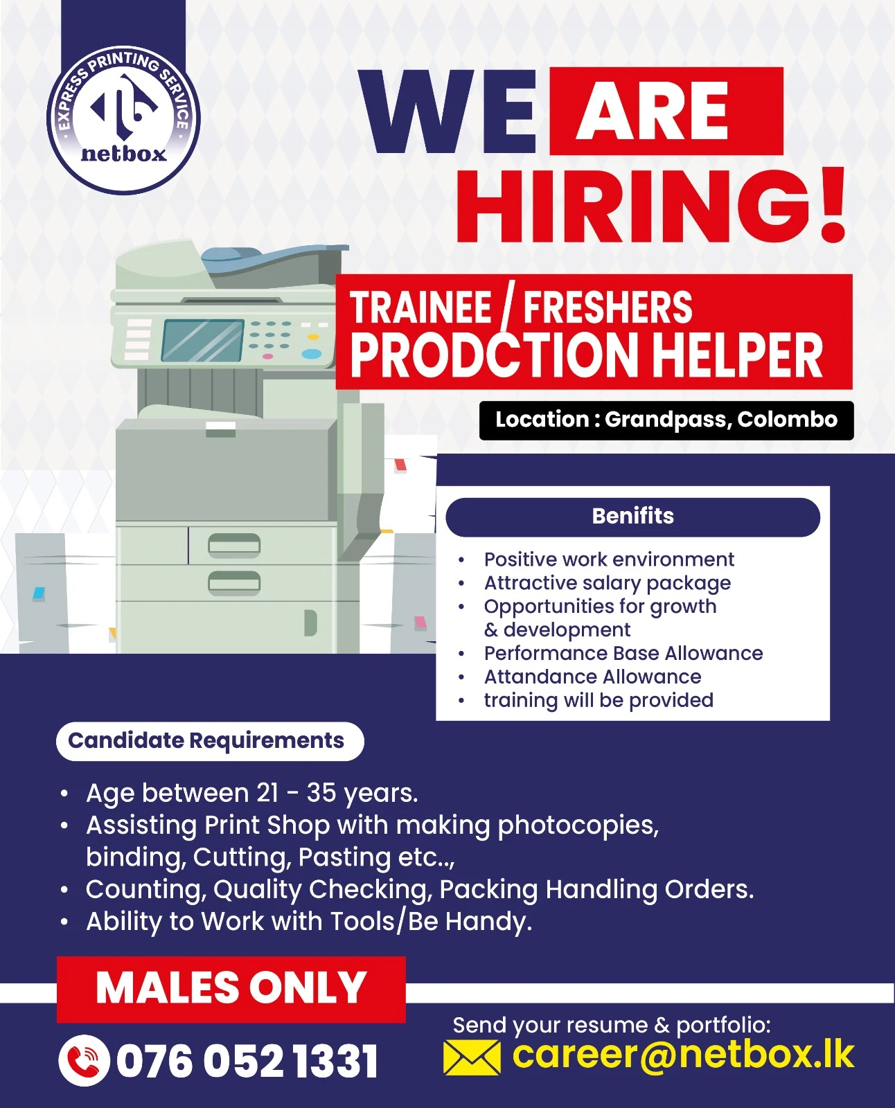 Trainee / Freshers Production Helper 